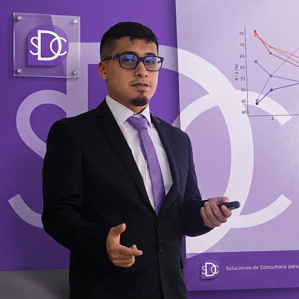 Daniel Sebastián Rosero Usamá, ingeniero electrónico y fundador de DataSCiencia, frente a un panel con el logo de la empresa y una gráfica de series de tiempo.